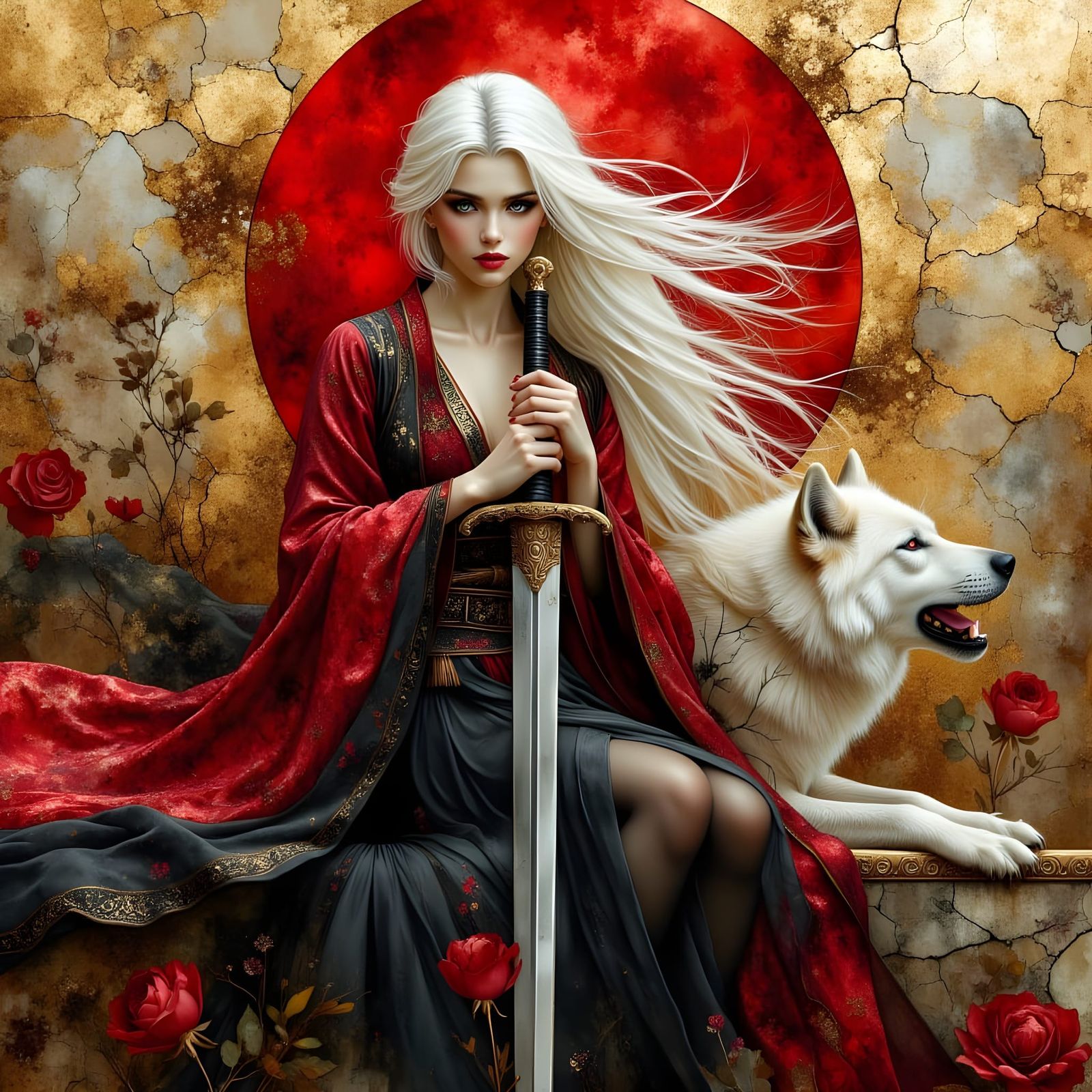 Japanese Warrior Woman with Wolf Companion as Oil Painting