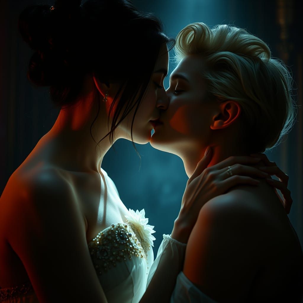Epic Romance: Vampire Woman Kissing a Blonde Man