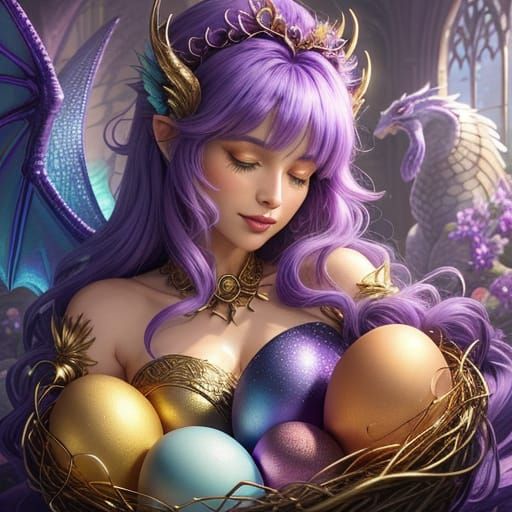 Glittering Purple Dragon Guarding Eggs: Fantasy Illustration