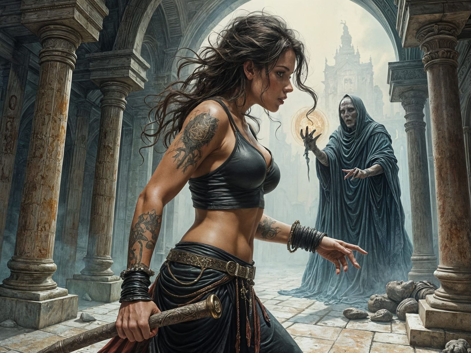 Female Adventurer Battles Undead Wizard in Pastel Comic Styl...