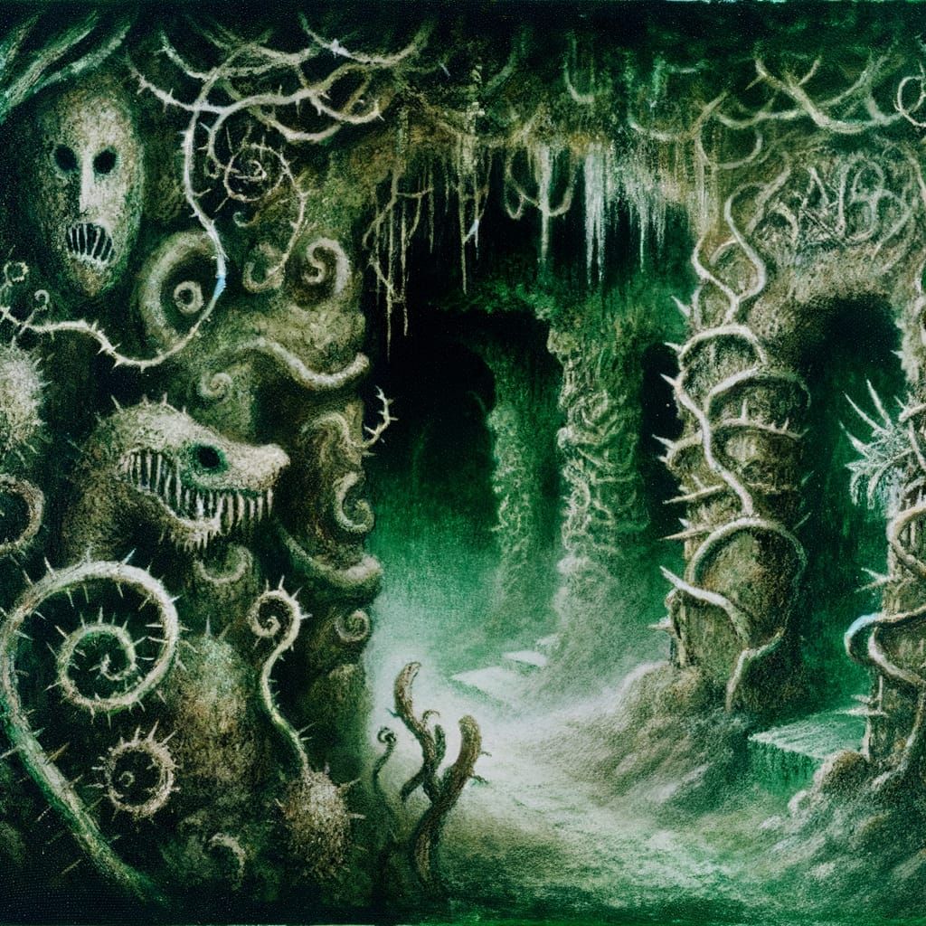 Eerie Labyrinth of Sculptures in Dreamlike Romanticism Style