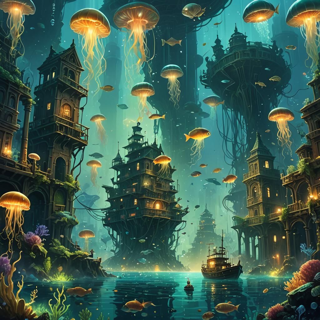 Underwater City Concept Art with Bioluminescent Plants