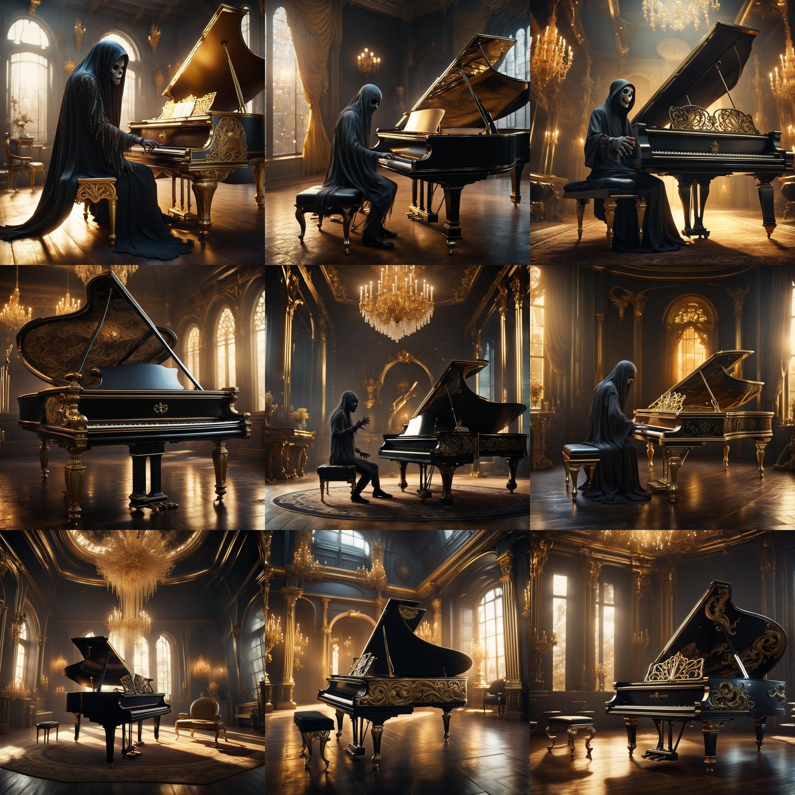 Black Ghost Plays Grand Piano in Detailed Digital Art