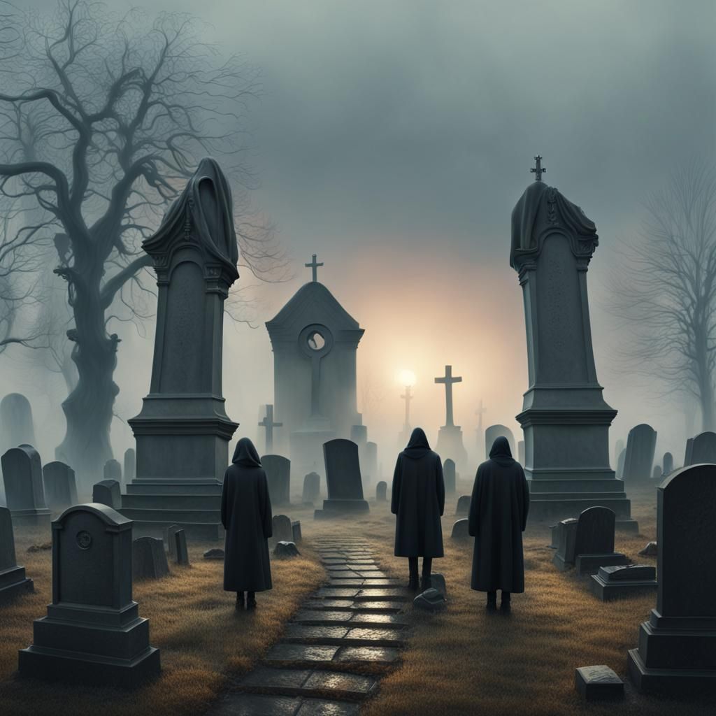 Mourners in Foggy Graveyard: Digital Matte Painting