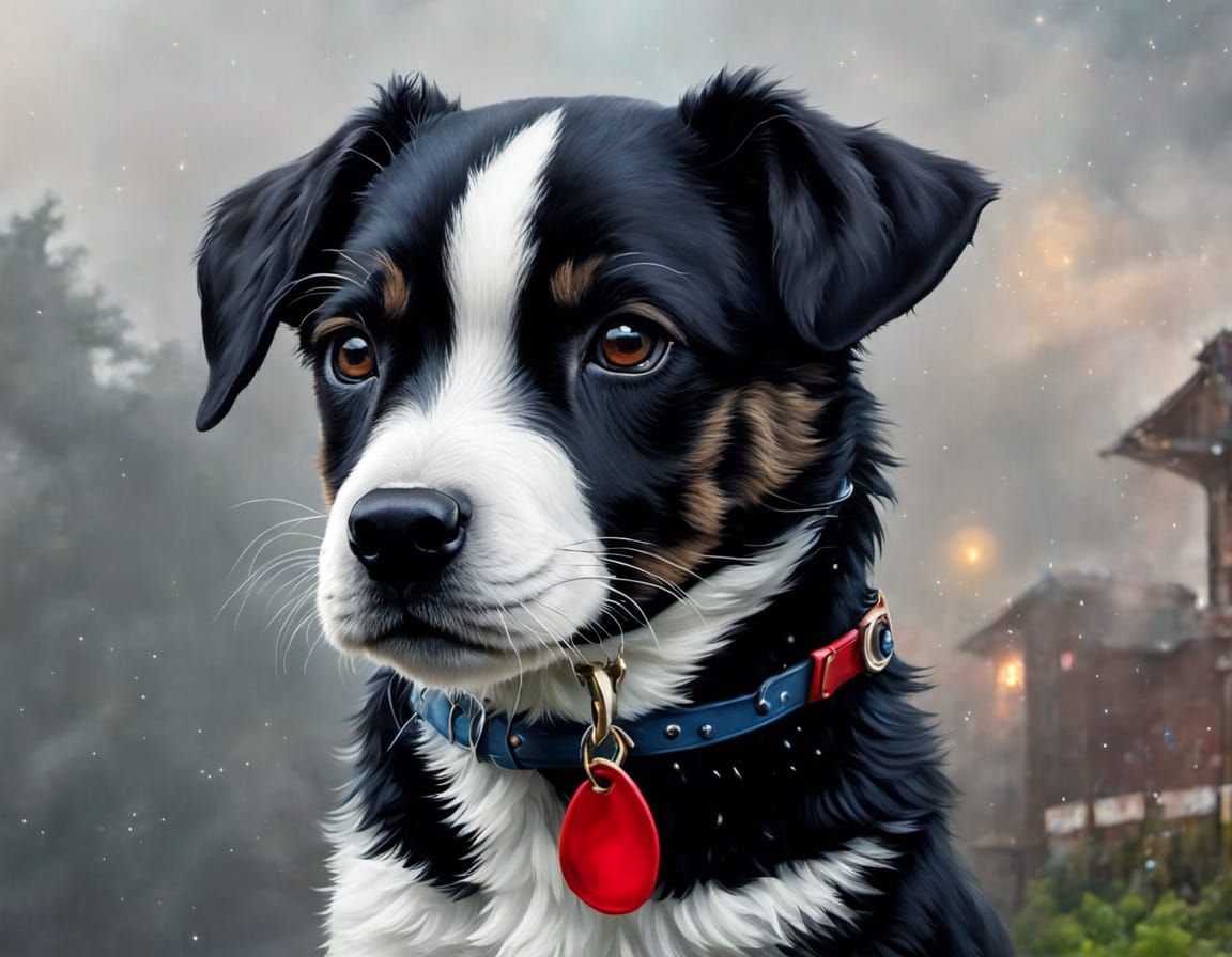 Cyberpunk Landscape with Rainy Cityscape and Canine Companio...