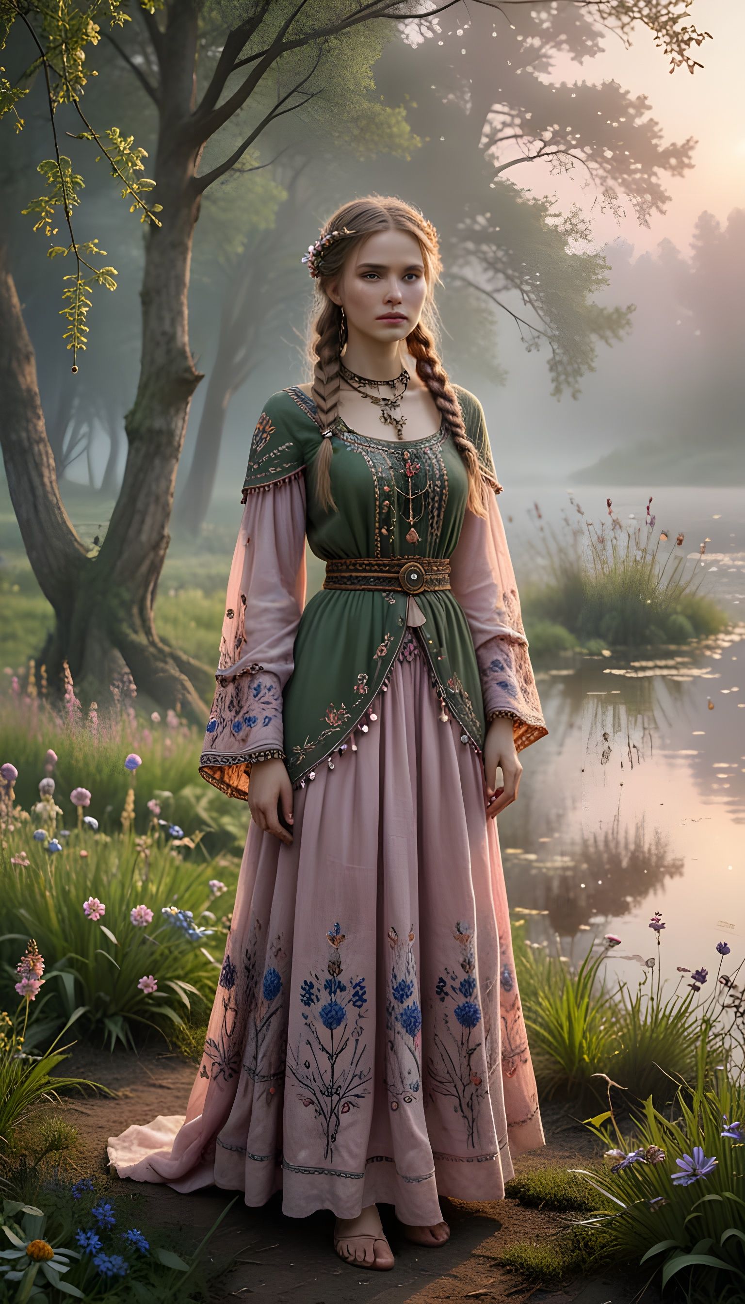 Slavic Goddess in Moss-Green Linen with Ancient Runes Embroi...