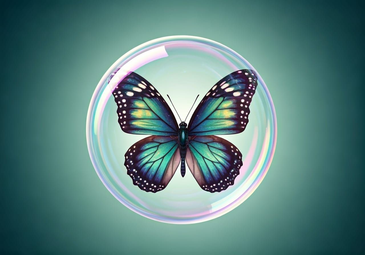 Iridescent Butterfly Encased in Rainbow Bubble
