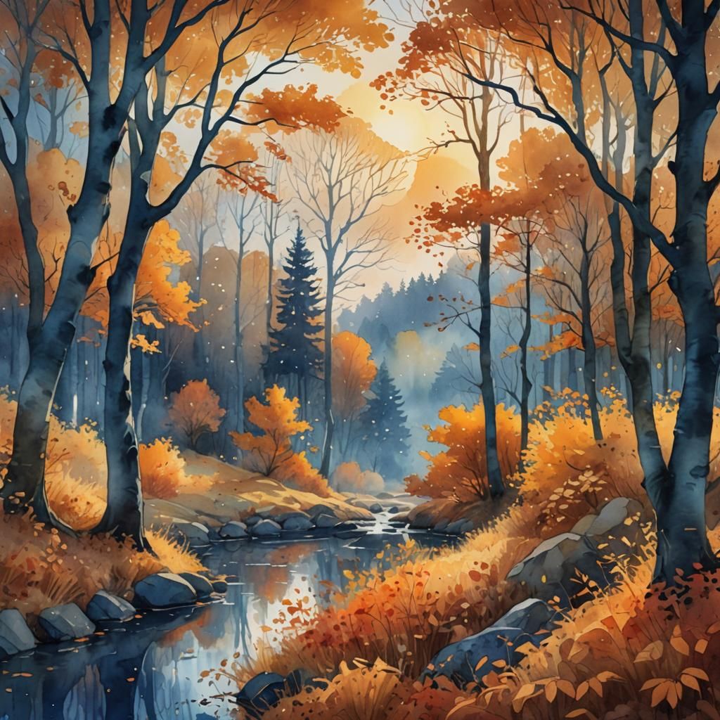 Surreal Autumn Sunset Landscape in Digital Watercolor Style