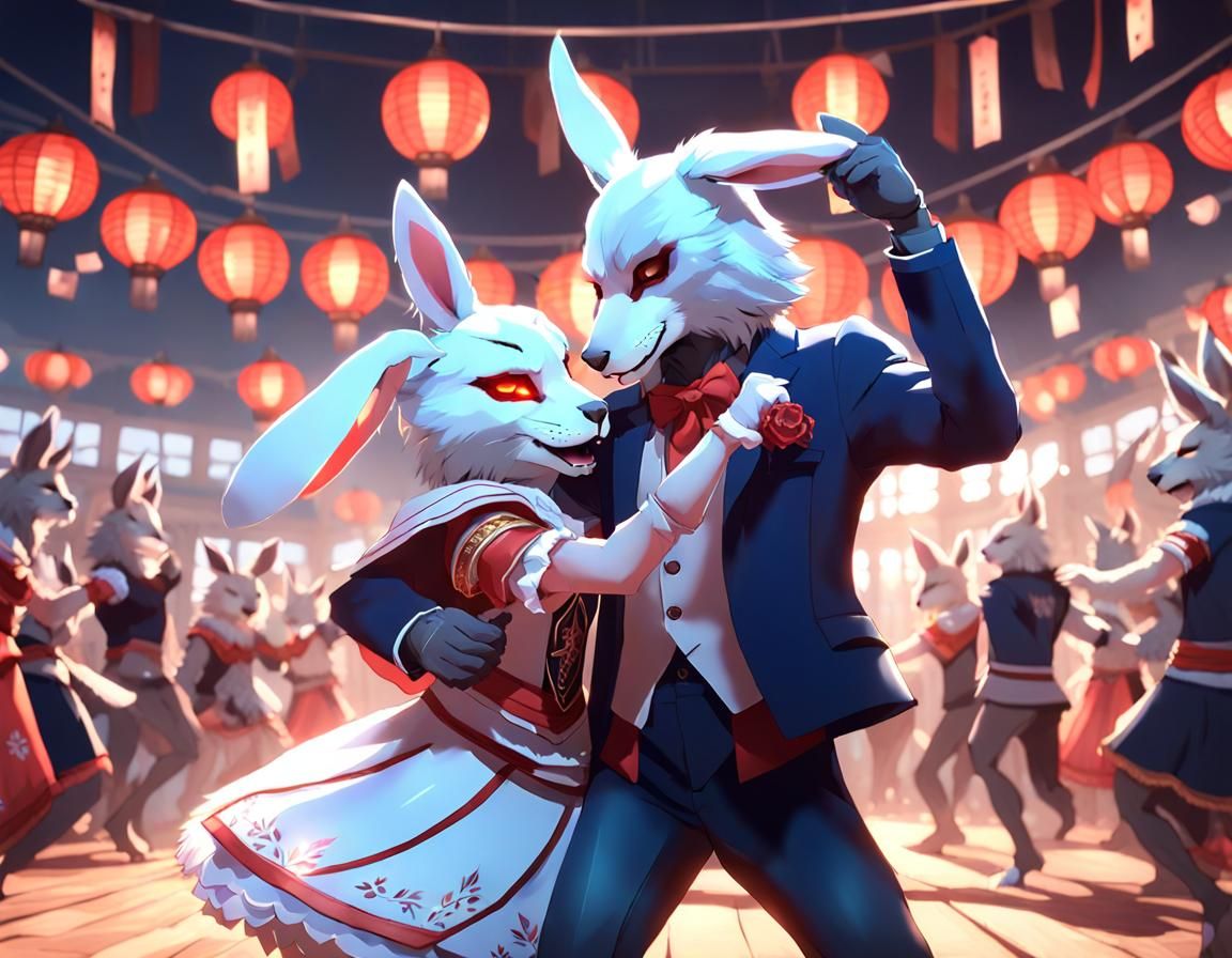 Rabbit and Wolf Masquerade Dance in Anime Style