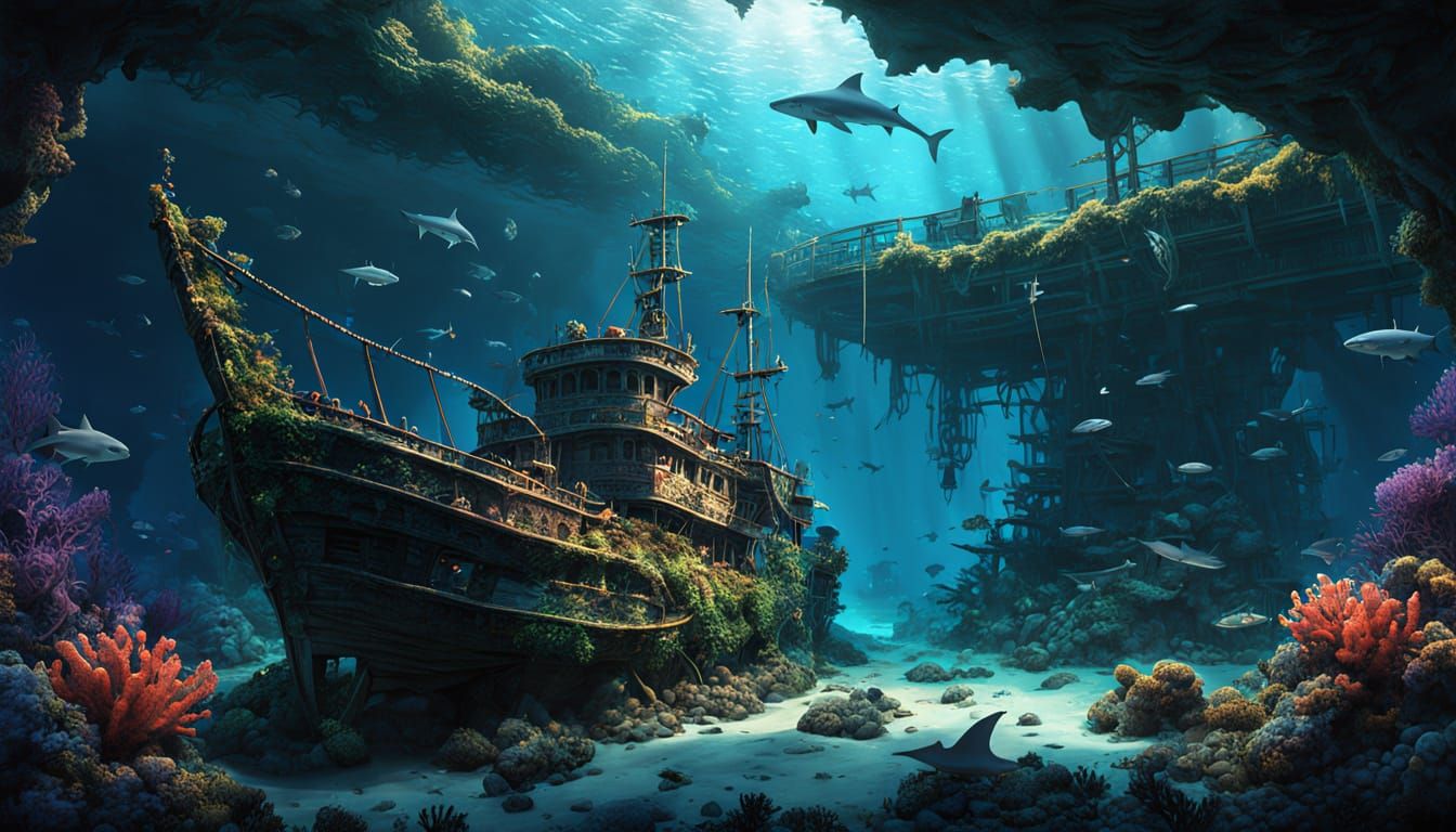 Coral Shipwreck with Sharks in Detailed Digital Painting