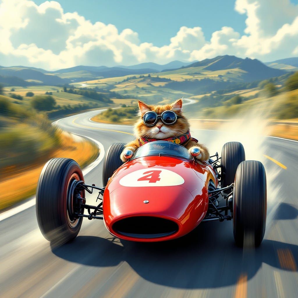 Whimsical Formula One Feline in Vintage Italian Countryside
