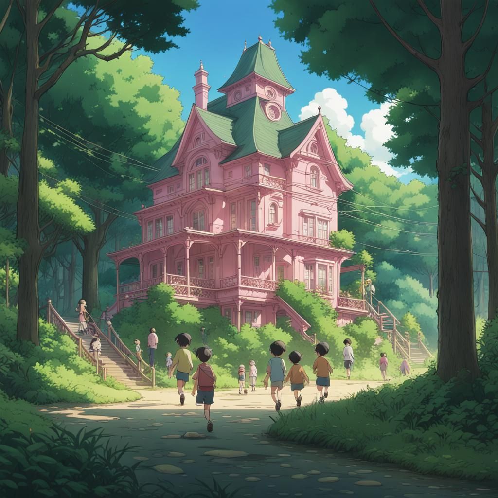 Pink House in Forest: Studio Ghibli Anime