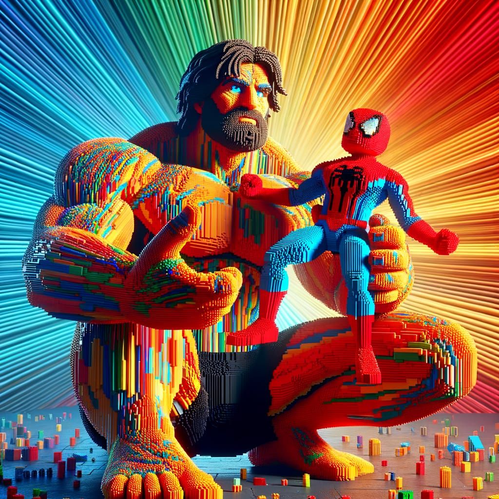 Giant Man Cradles Lego Spiderman: 3D Digital Art