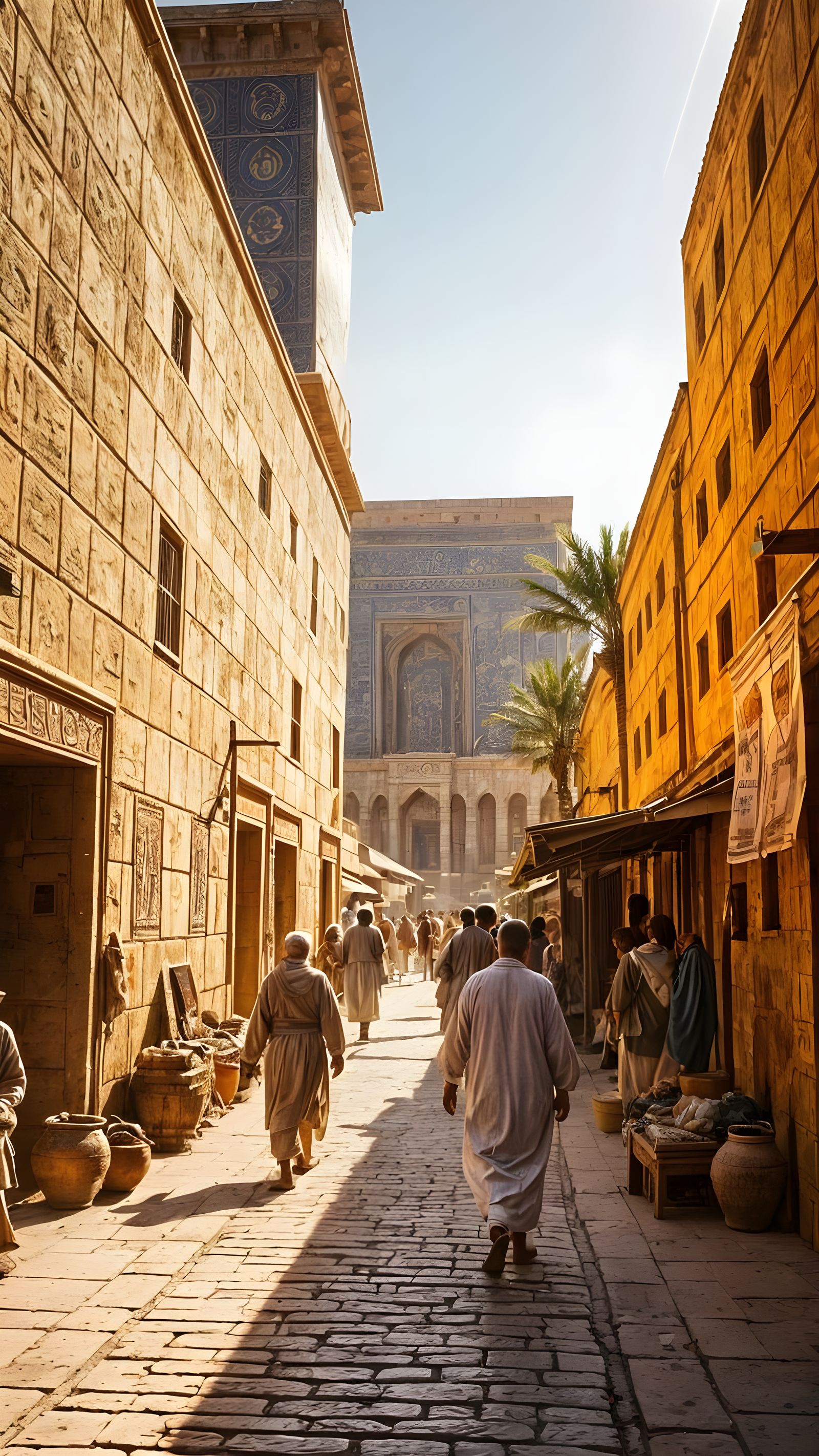 Bustling Streets of Ancient Babylon in Golden Sunlight