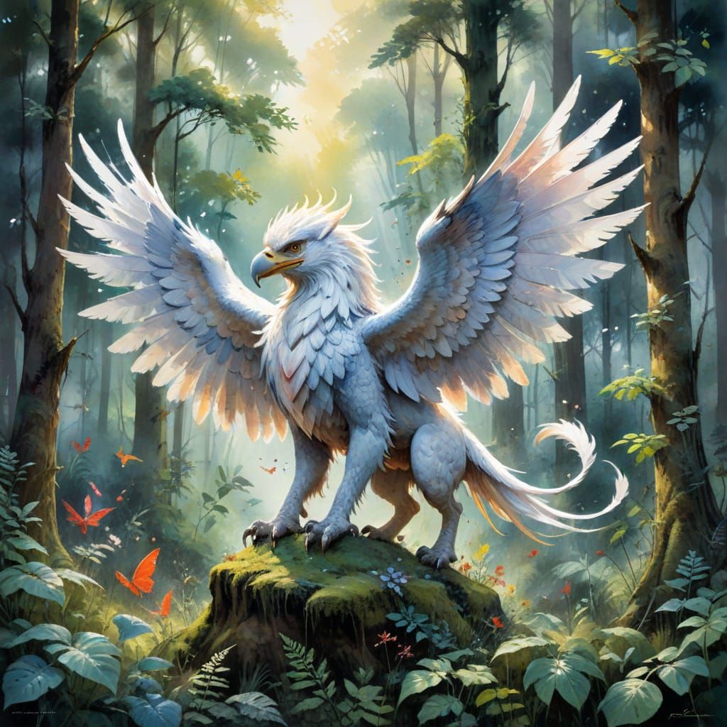 Majestic Griffin in Enchanted Forest Watercolour Painting