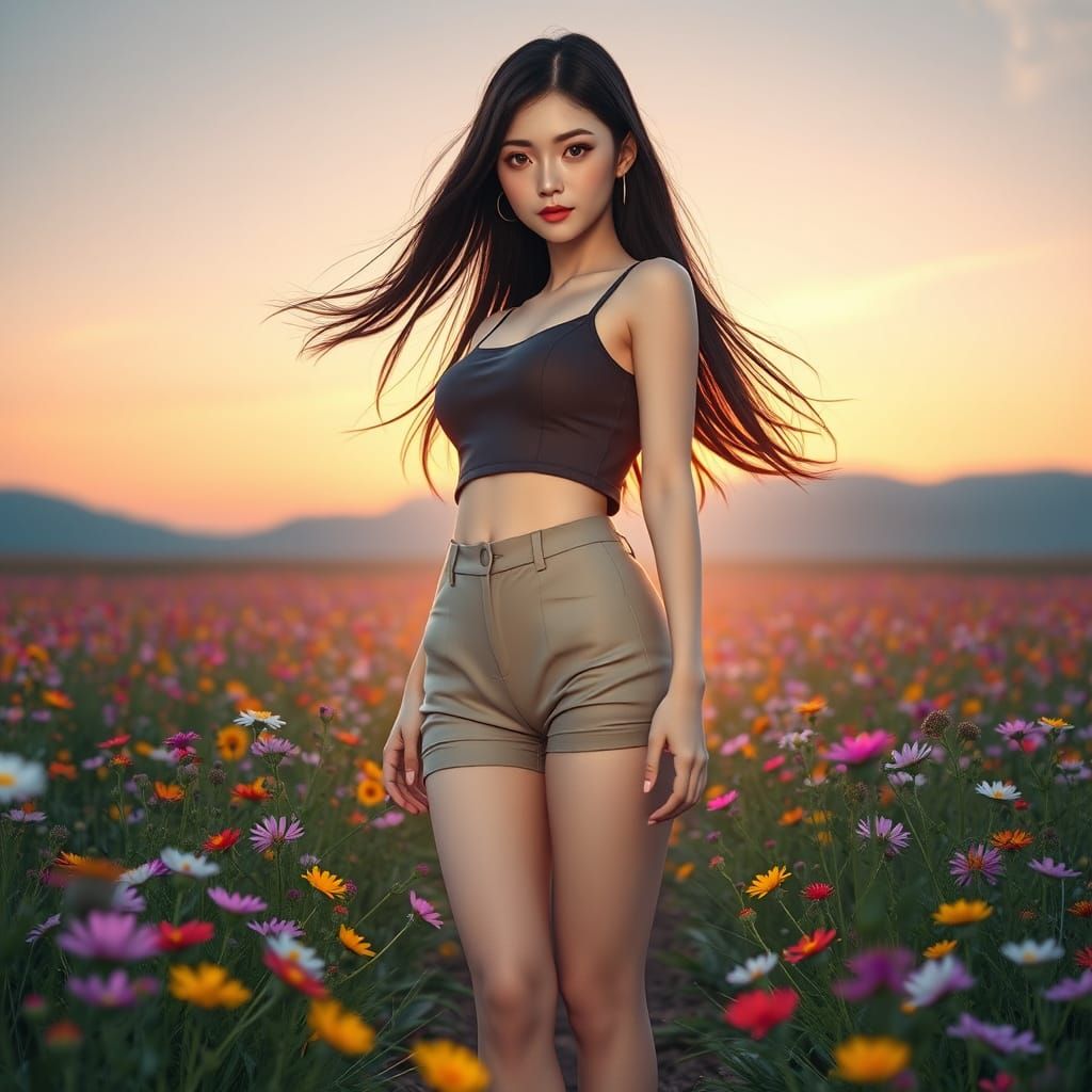 Japanese Woman in Wildflower Field at Dawn