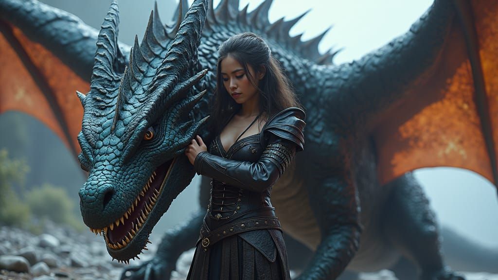 Dragon and Warrior Woman in Dark Fantasy Style