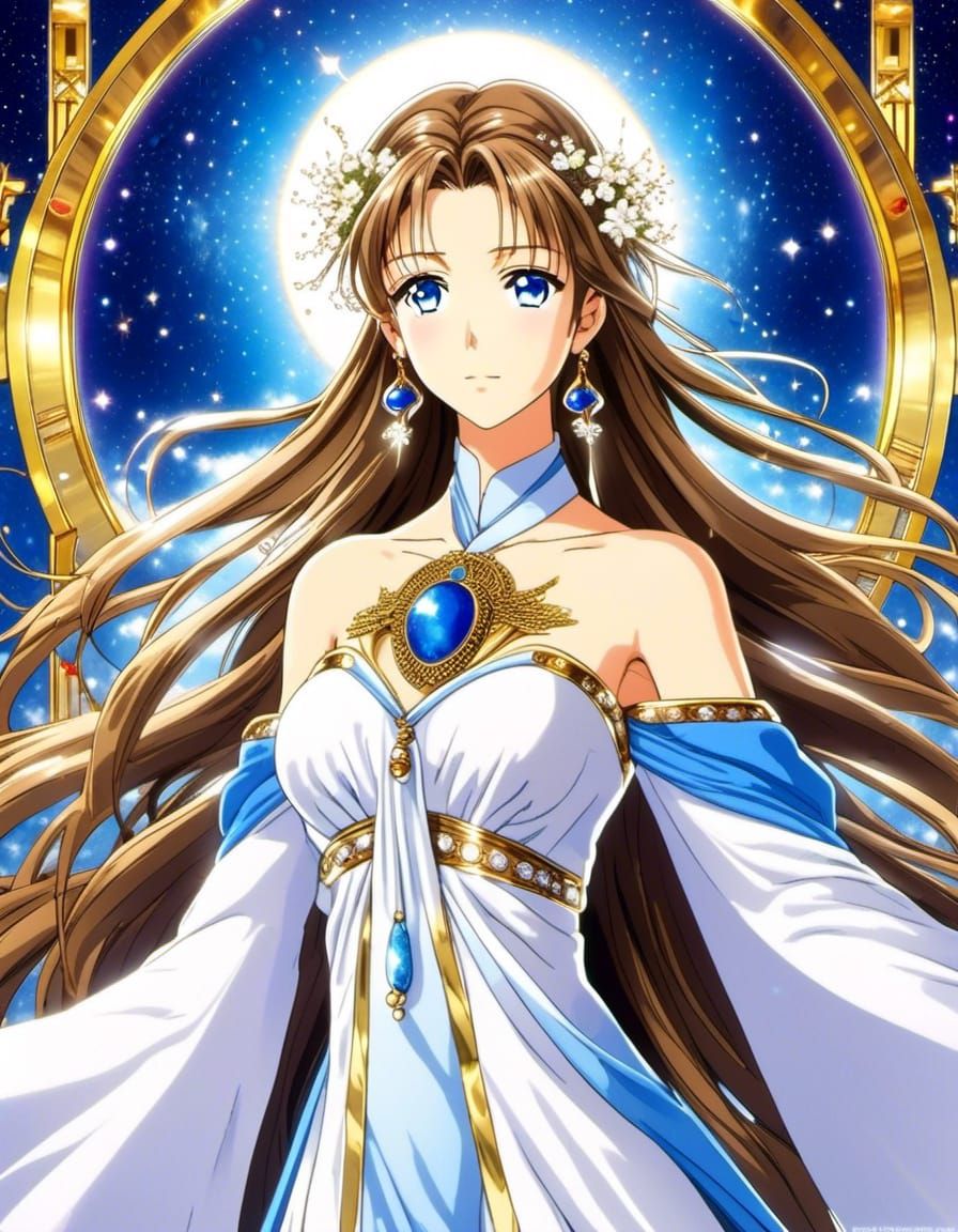 Oh! My Goddess Belldandy, long flowing light brown hair, tall, slender, graceful. Kind compassionate expression. facial ...