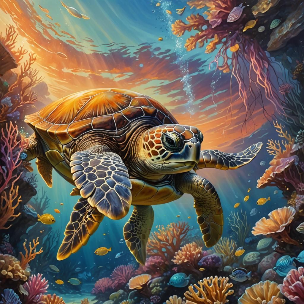 Young Sea Turtle's Journey: Fantasy Realism Painting