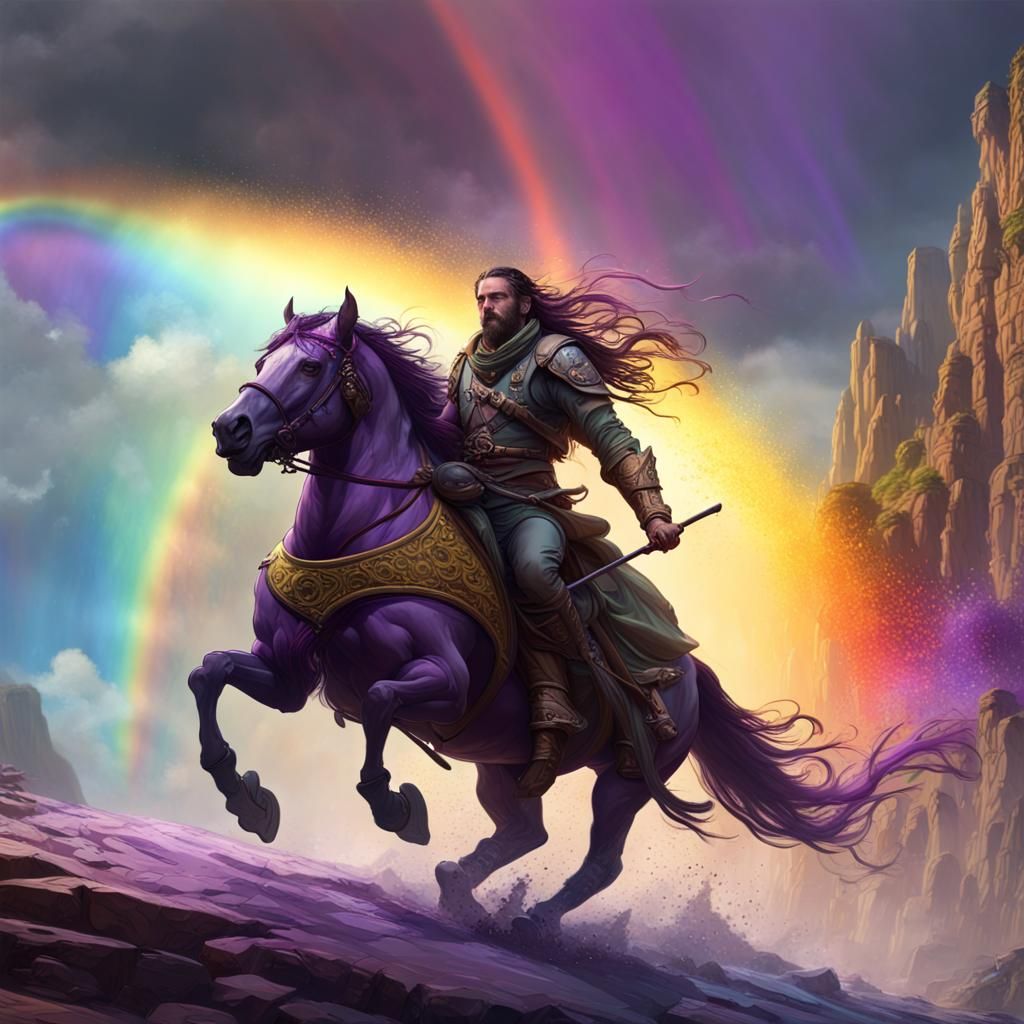 Man Riding a Rainbow in Dark Fantasy Style
