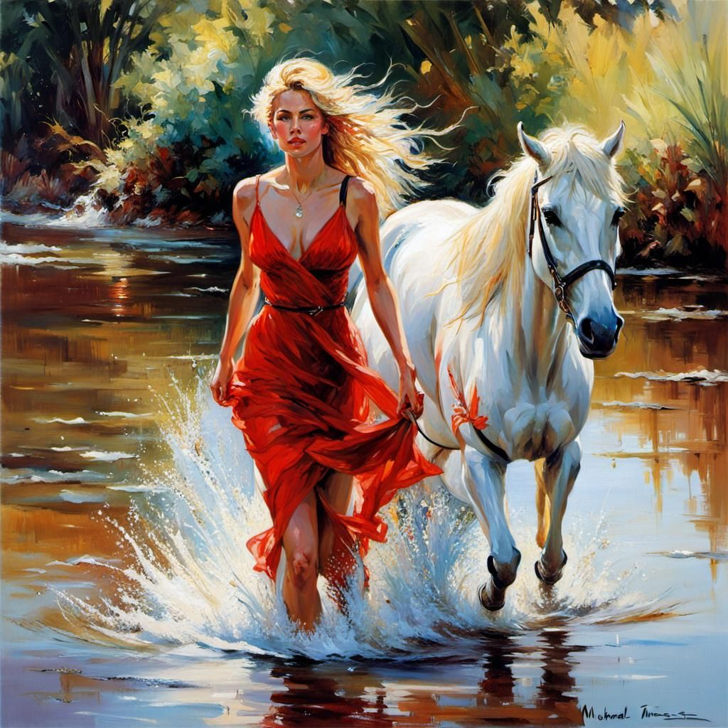 Woman Leads White Horse Home: Romantic Realism