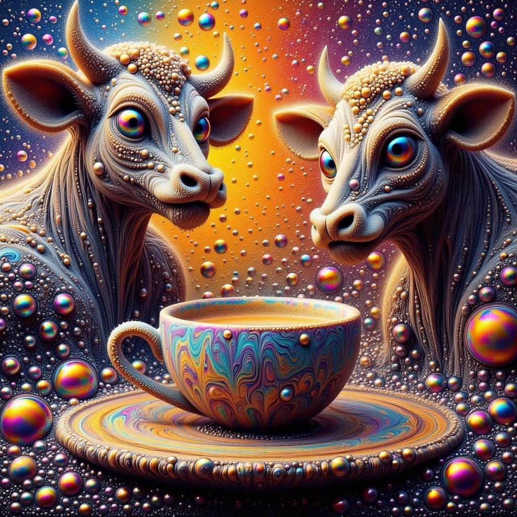 Cows Having Coffee, Surreal Pointillism Style