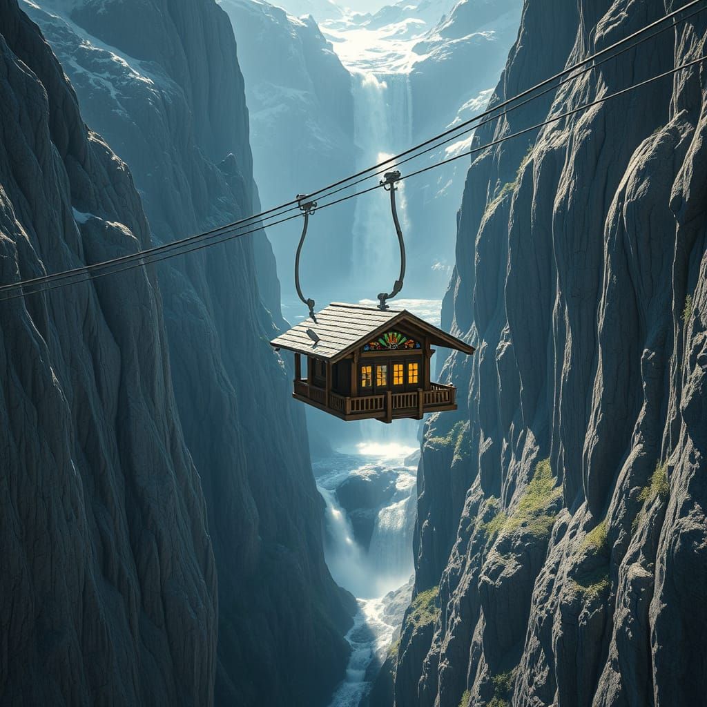Ornate Chalet Cable Car Soars Over Swiss Alps Ravine