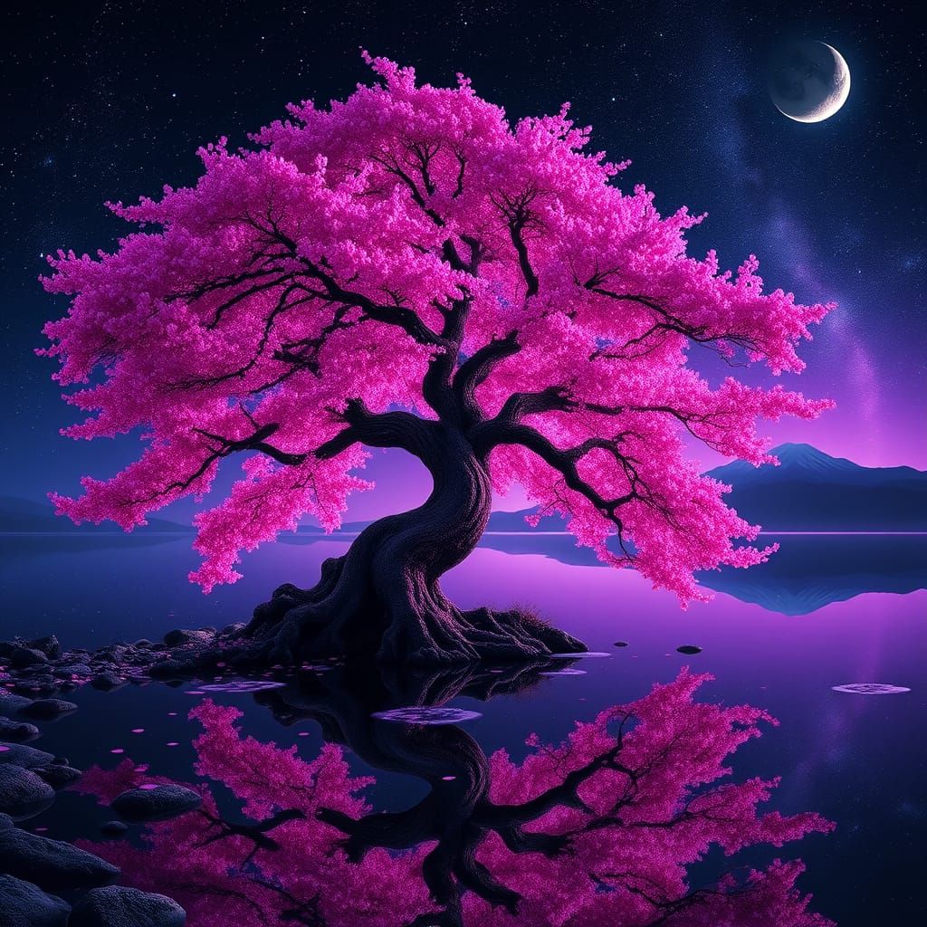 Surreal Cherry Blossom Tree in Cosmic Night Sky
