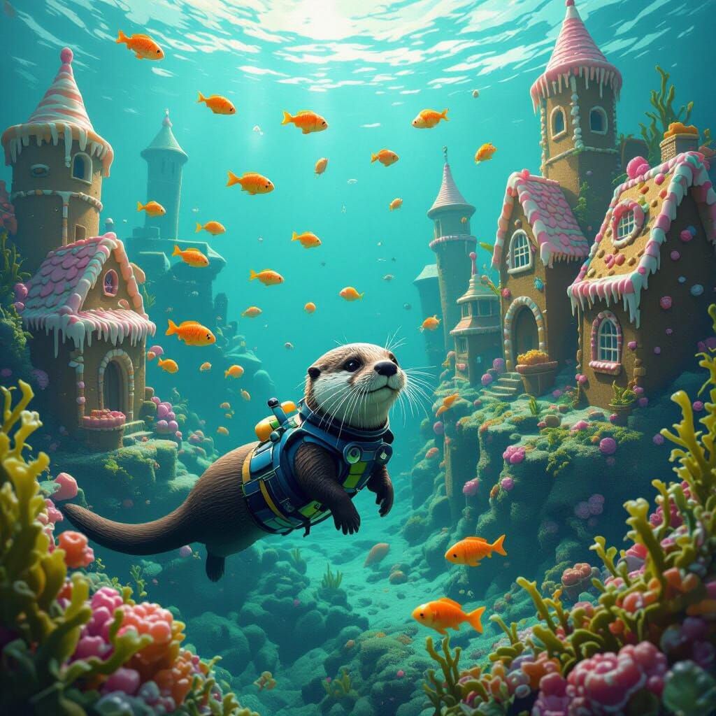 Otter Explores Candy Sunken City in Diving Suit