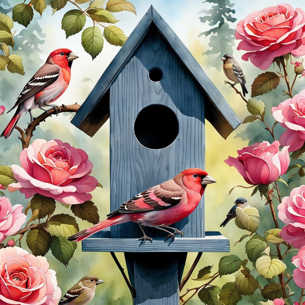 Rose Finch at Birdhouse in Watercolor Style