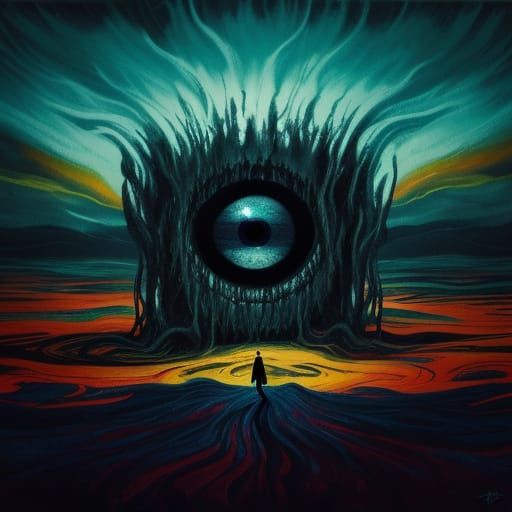 Surrealist Figure Screams in Vibrant, Swirling Landscape