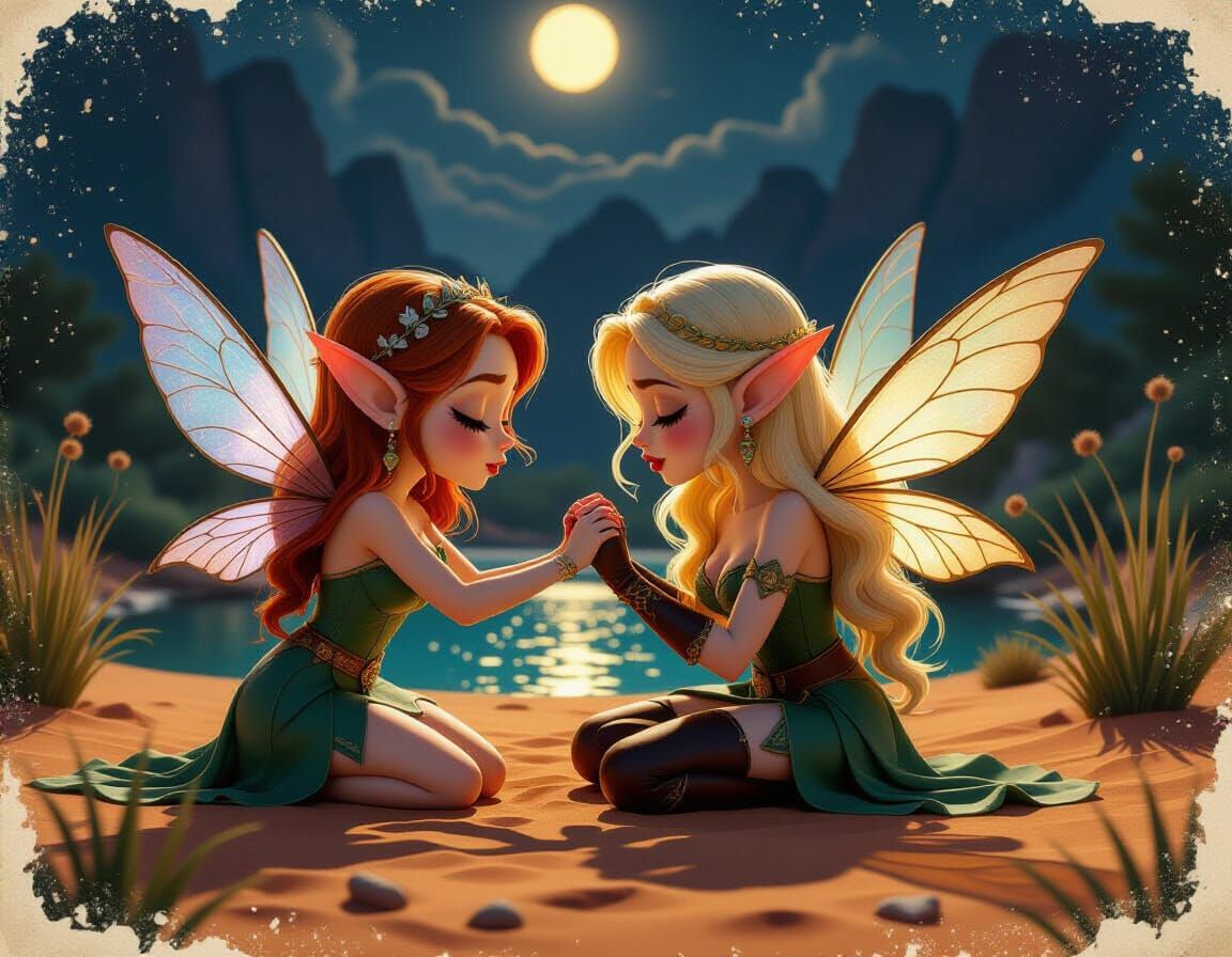Romantic Elf and Fairy Couple in Desert Oasis