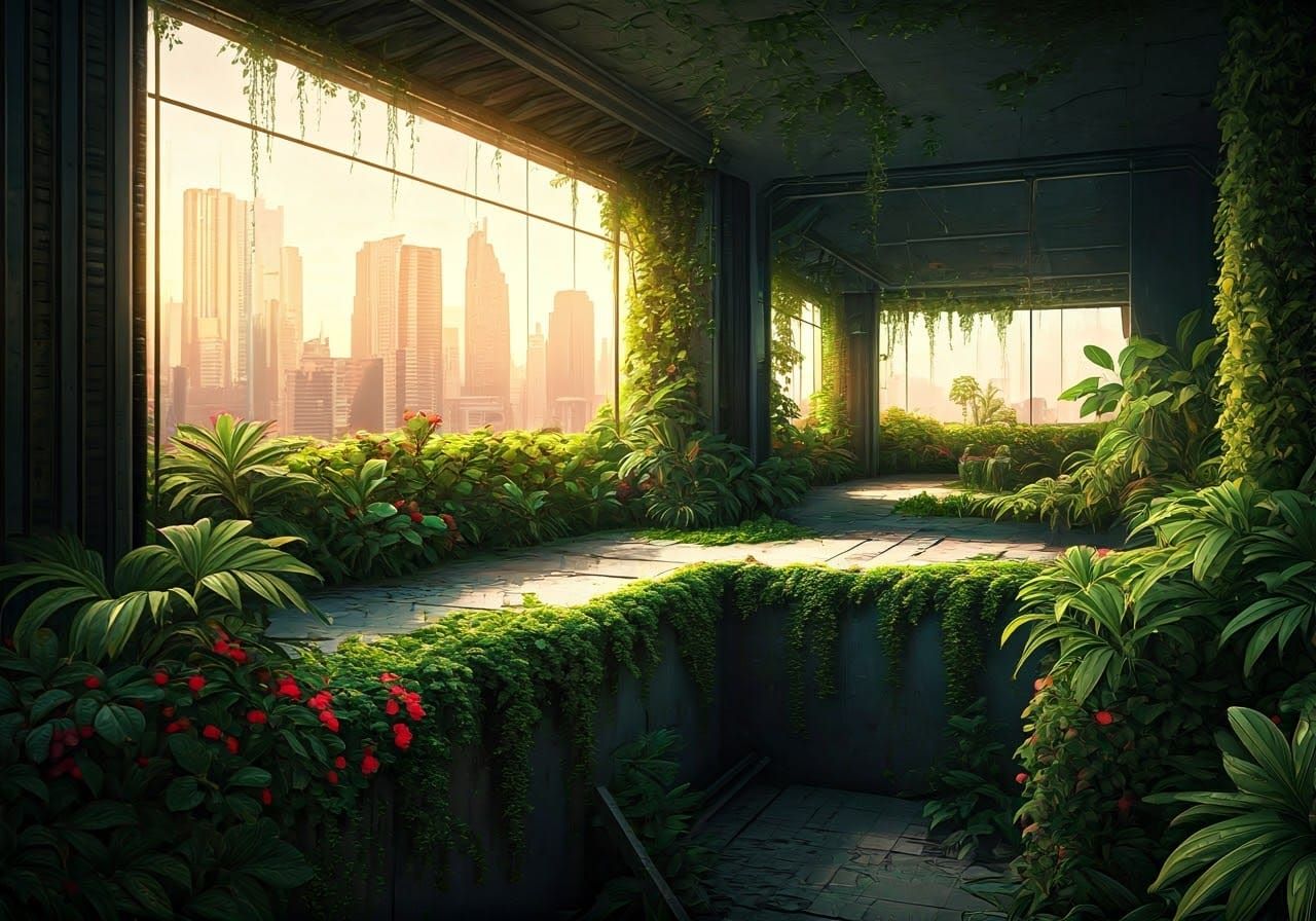 Futuristic Urban Oasis in Warm Light