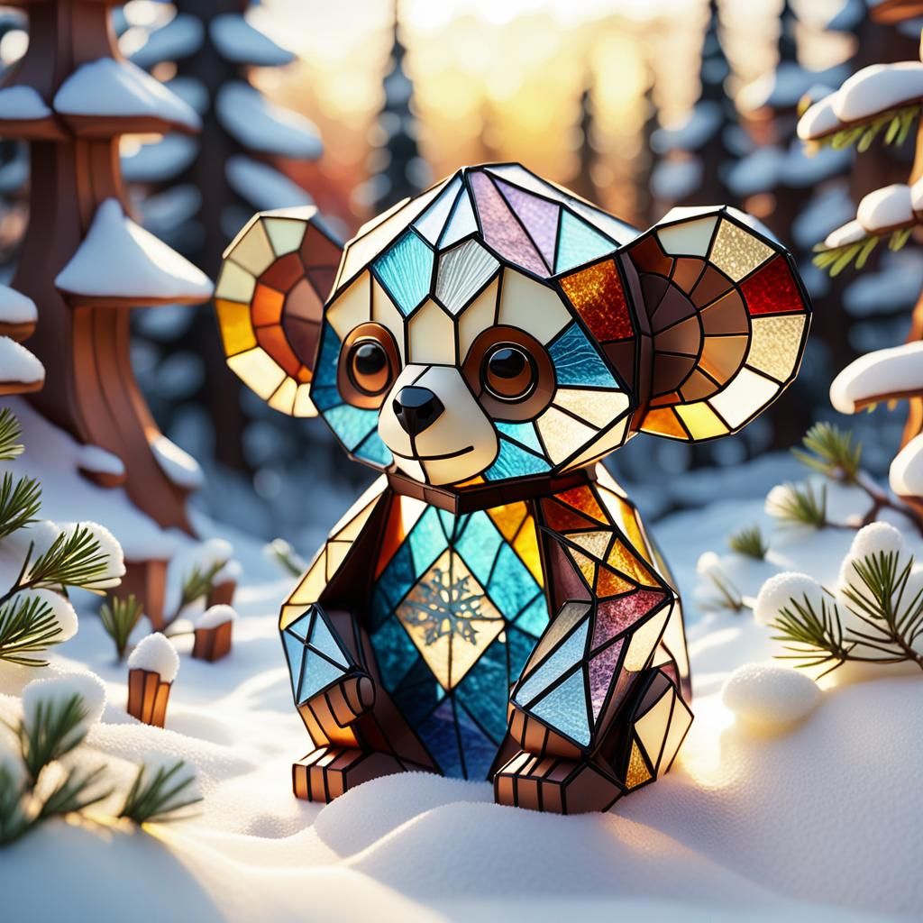 Vibrant Stained Glass Art of Cheburashka in Papercraft Style