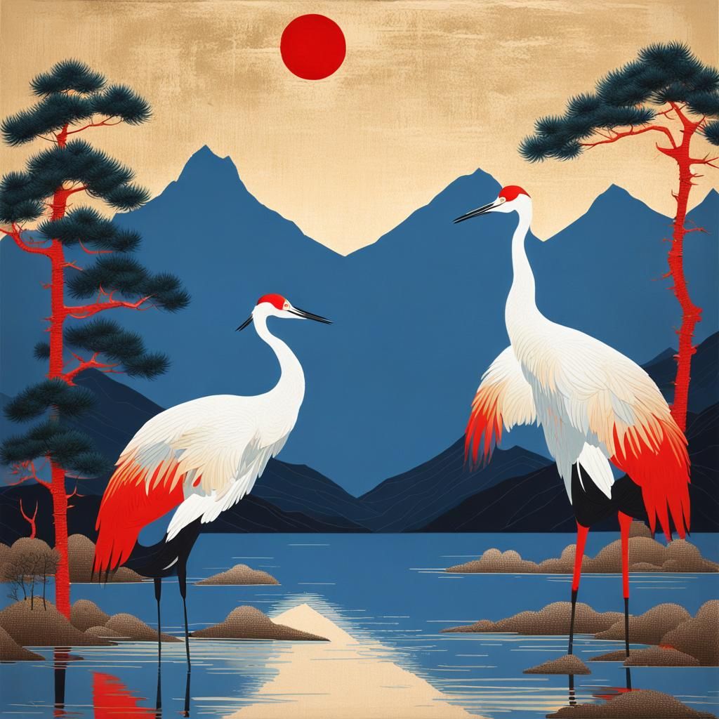 Minimalist Cranes in Chinese Meticulous Painting Style