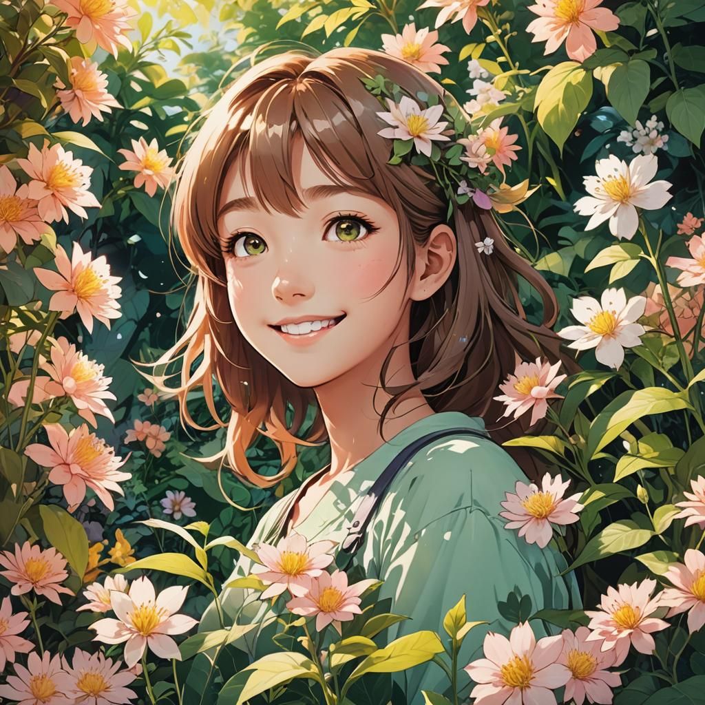 Anime Girl Surrounded by Blooming Plants in Garden