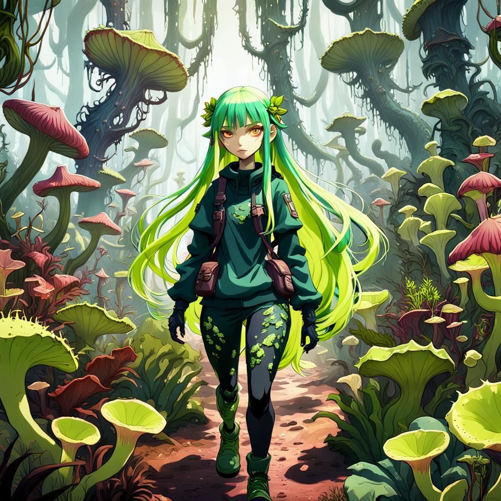 Anime Girl Hiking Through Carnivorous Plant Forest