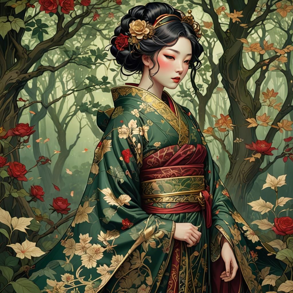 Geisha in Mystical Forest: Art Nouveau Style