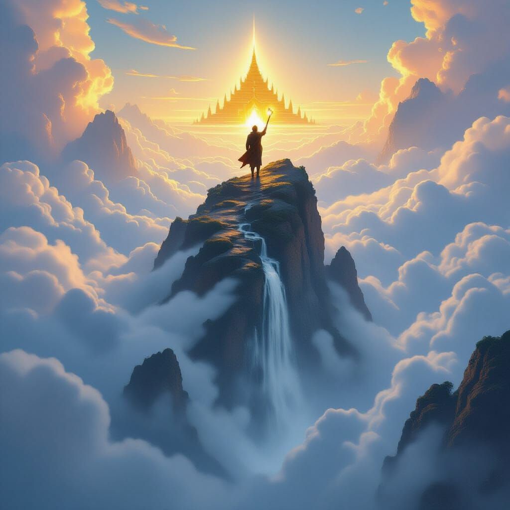 Lone Climber Ascends Floating Mountain to Golden Temple