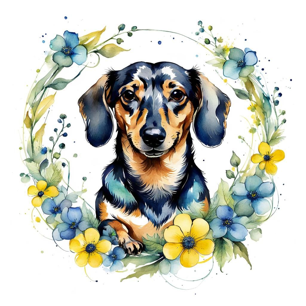 Whimsical Dachshund in Floral Watercolor Style