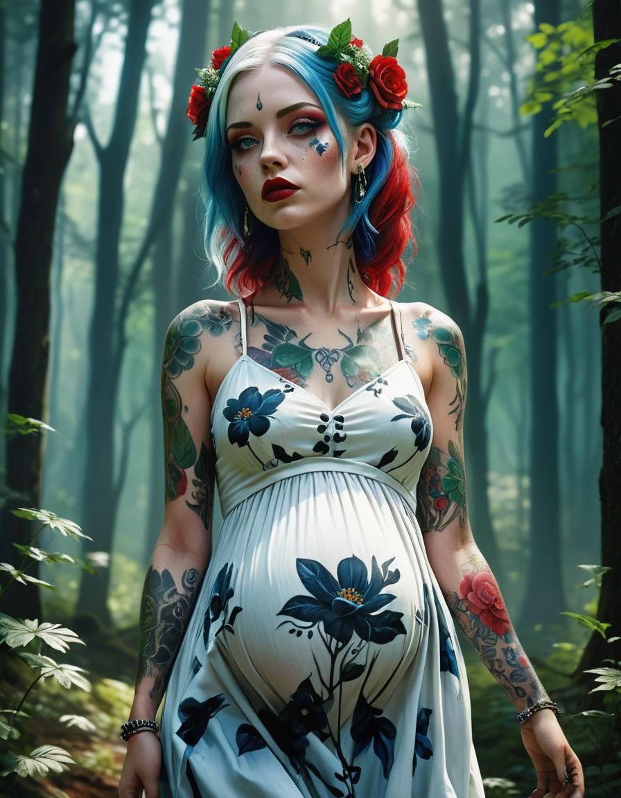 Pregnant Woman with Colorful Hair in Forest, Detailed Art