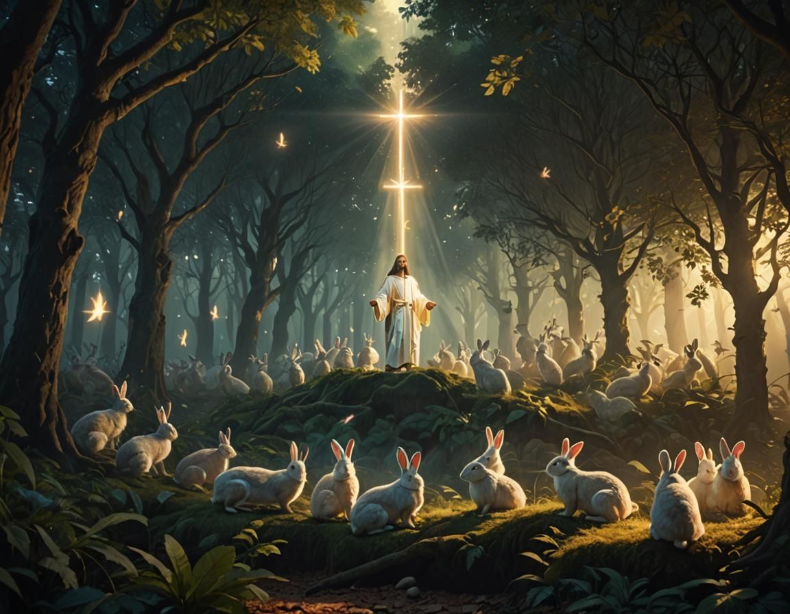 Jesus Surrounded by Rabbits in Forest: Digital Art
