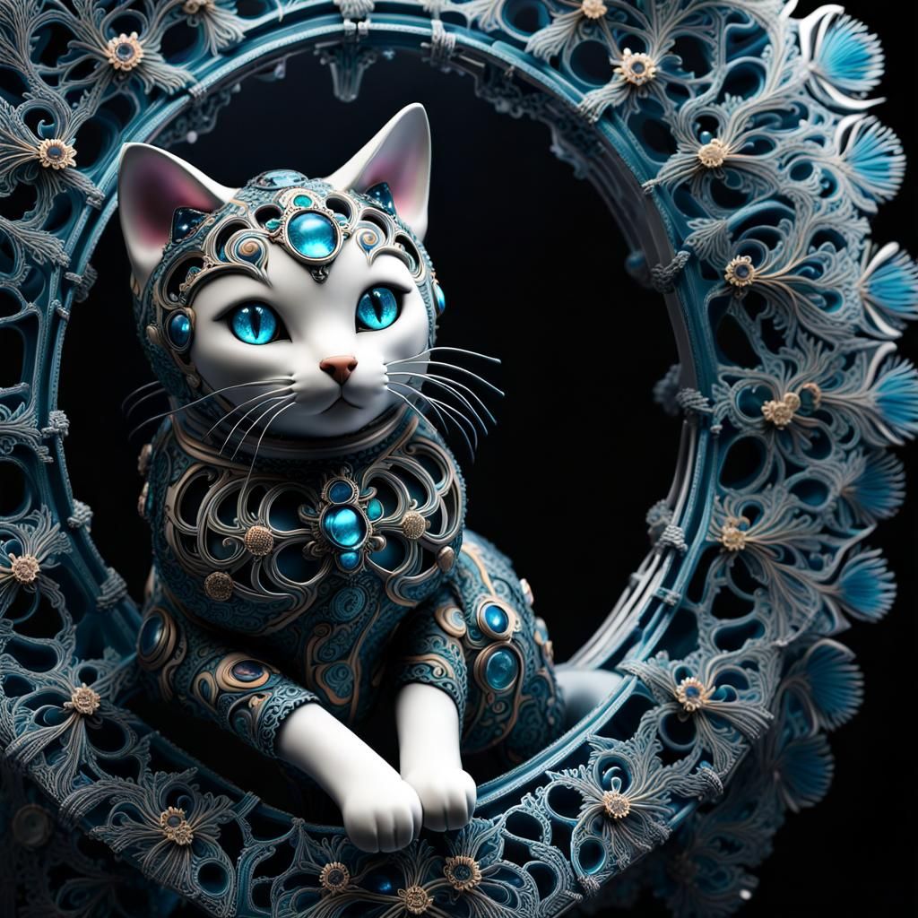 Bioluminescent Fractal Cat Doll in Grotesque Style