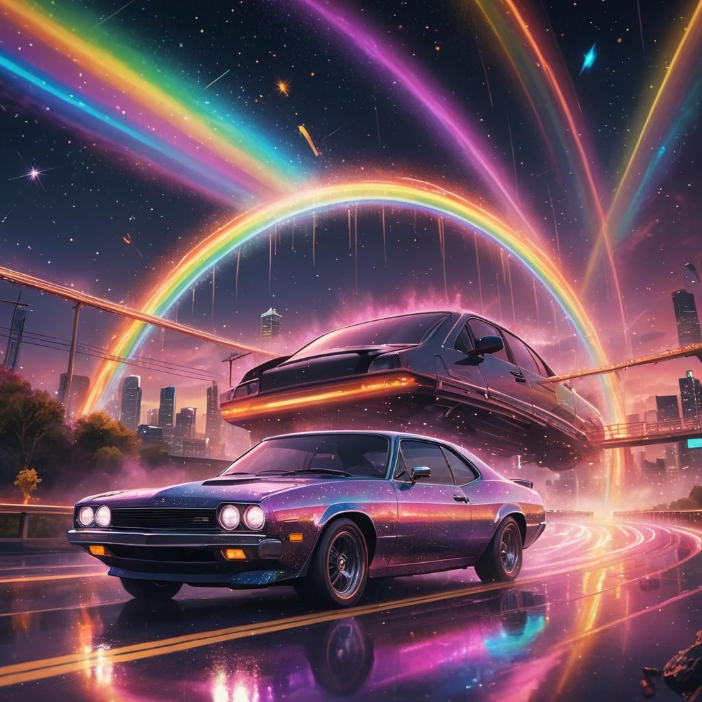 Sparkly Car on Rainbow Bridge in Cosmos