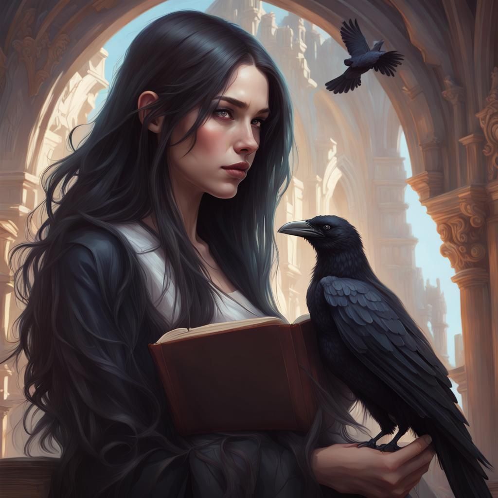 Dark Haired Woman Reading with Raven, Detailed Portrait