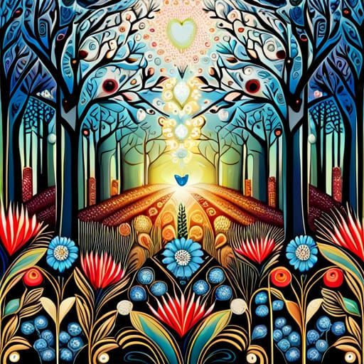 Beautiful Flower Garden in Forest Mixed Media Painting