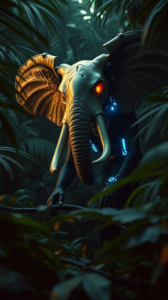 Cybernetic Hunter in Jungle with Elephant Skull