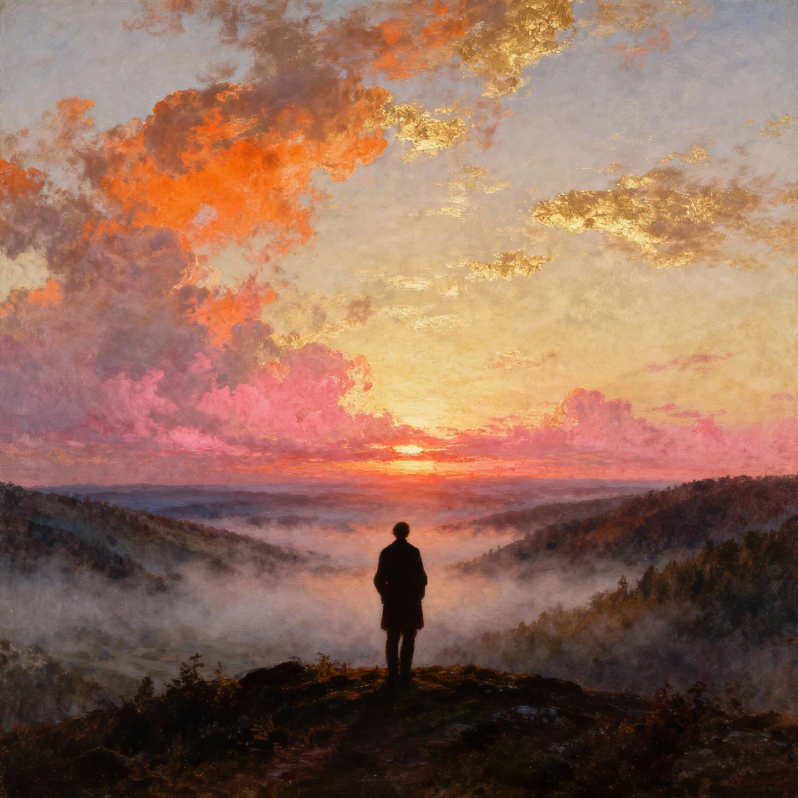 Figure Gazing at Sublime Dawn Valley in Romantic Style