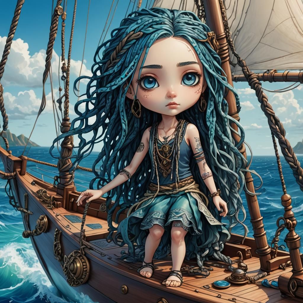 Chibi Girl on Sailboat in Hyperdetailed Style