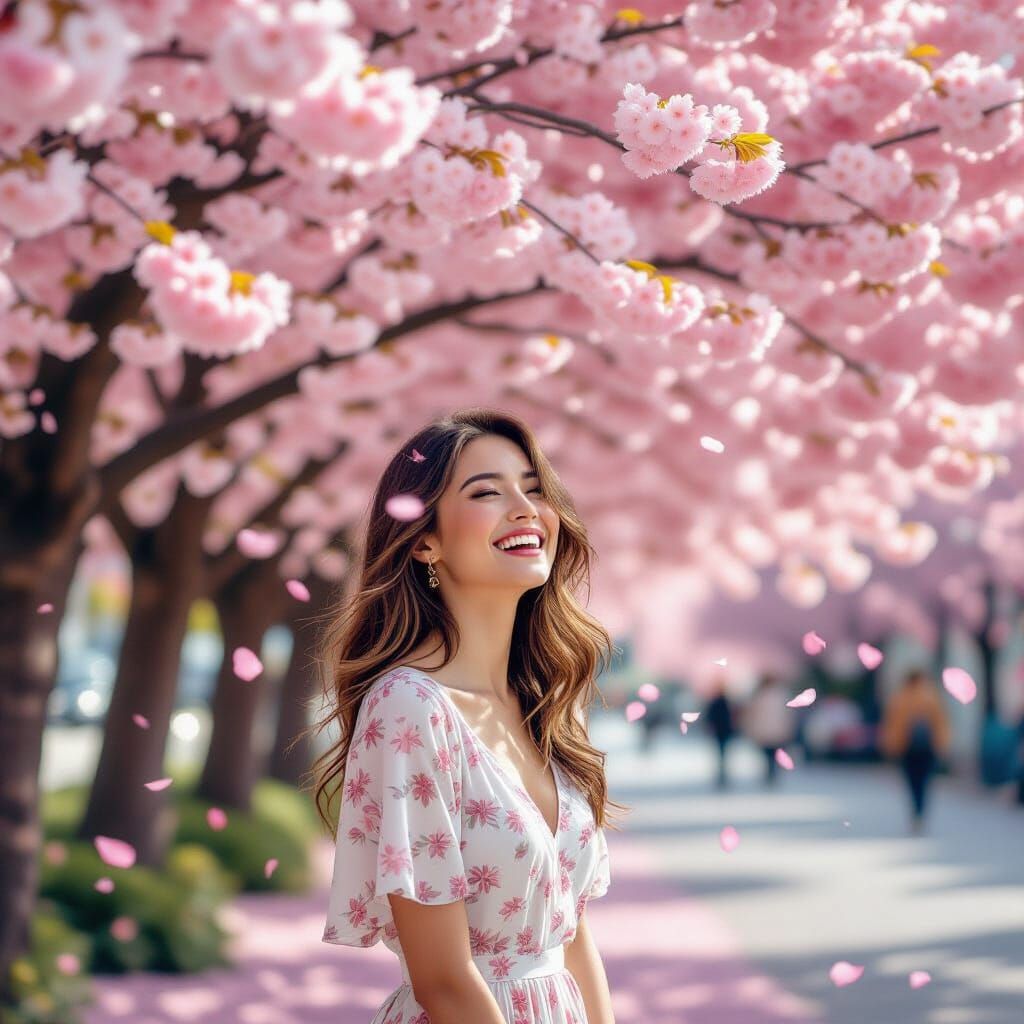 Laughing Woman Under Cherry Blossoms: Realistic Pastel Photo